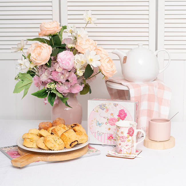 Butterfly Rose Mug Spoon Coaster Gift Set Soft Pink