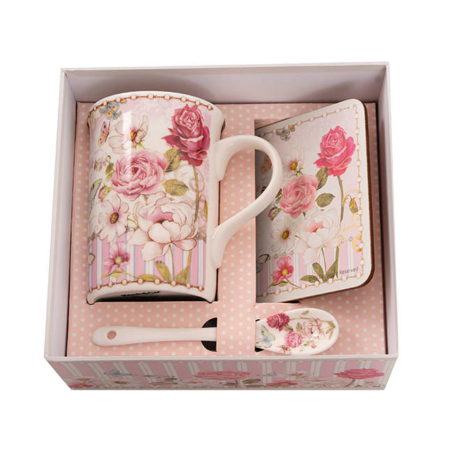 Butterfly Rose Mug Spoon Coaster Gift Set Soft Pink