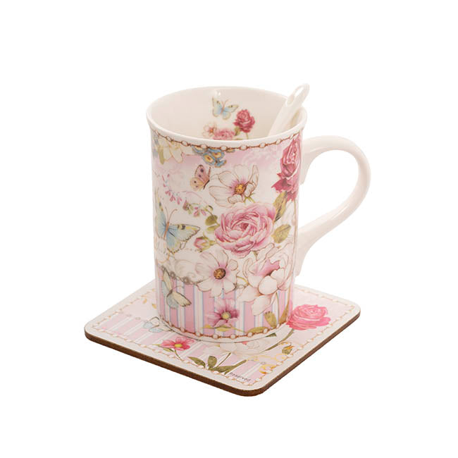 Butterfly Rose Mug Spoon Coaster Gift Set Soft Pink
