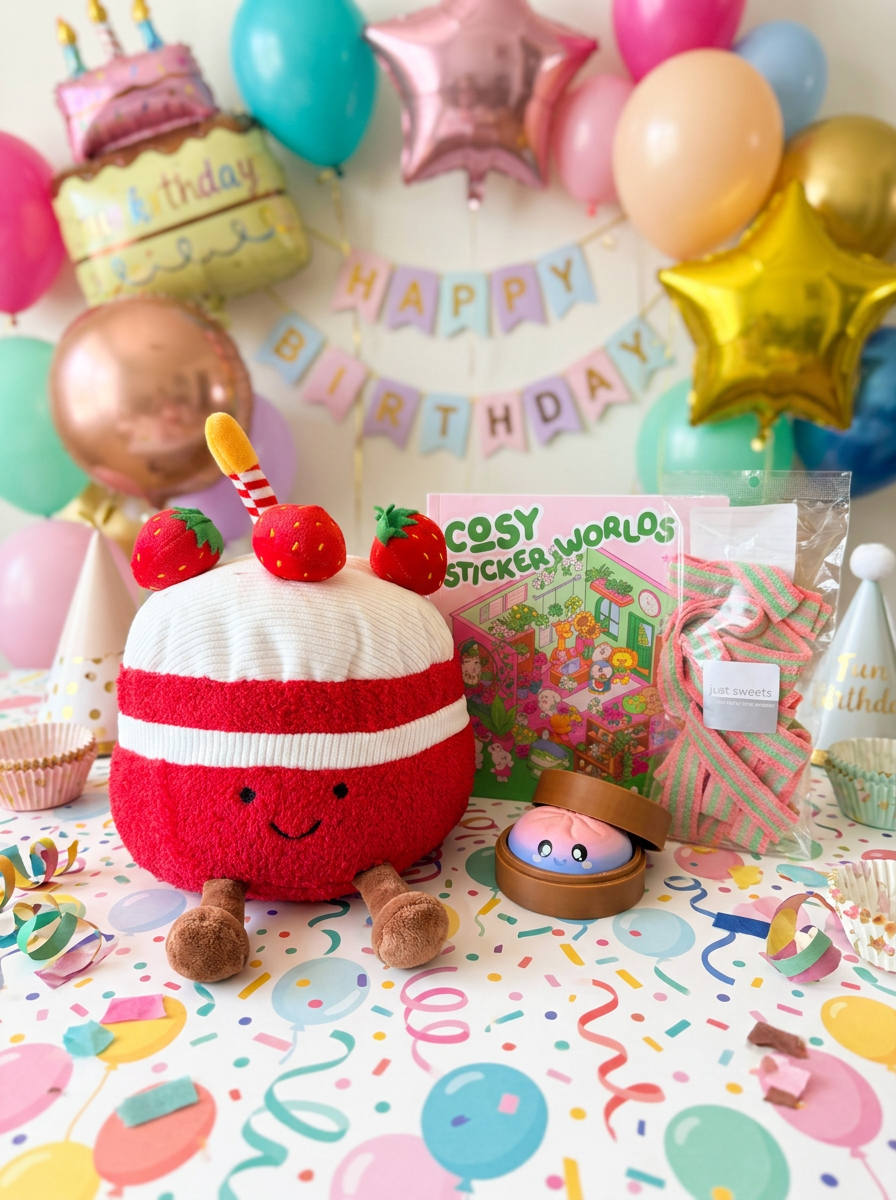 Sweet Birthday Gift Box for Kids with Cake Plush, Stickers & Treats