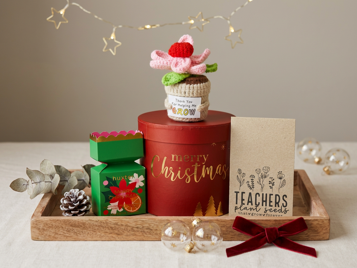 Helping Me Grow Teacher Christmas Gift Box | Crochet Flower & Seeds