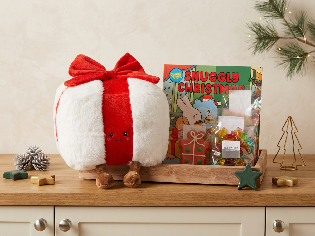 Snuggly Christmas Kids Gift Box with Plush Toy, Colouring Book & Sweet Treats