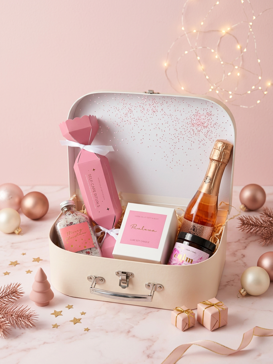 Pink Christmas Escape Gift Box | Pamper Hamper with Alcohol-Free Rosé