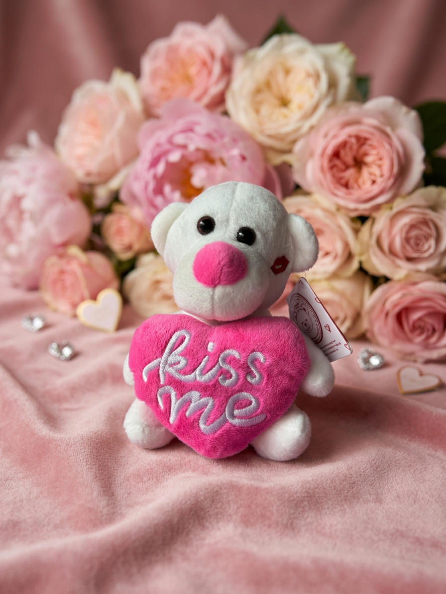 Kiss Me Teddy Bear Mini Plush Toy Pink & White