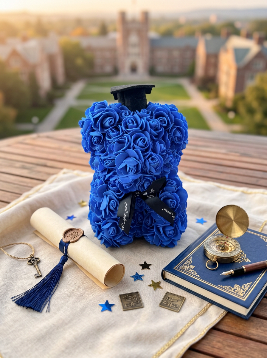 Graduation Rose Bear – Blue Foam Rose Teddy Bear