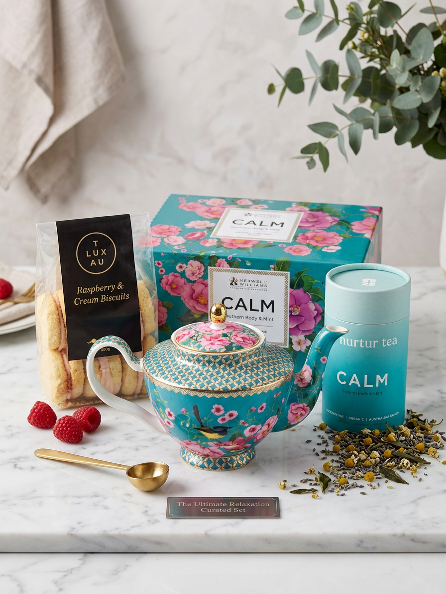 A Cupful of Calm Tea Gift Box – Loose Leaf Tea, Teapot & Raspberry Biscuits