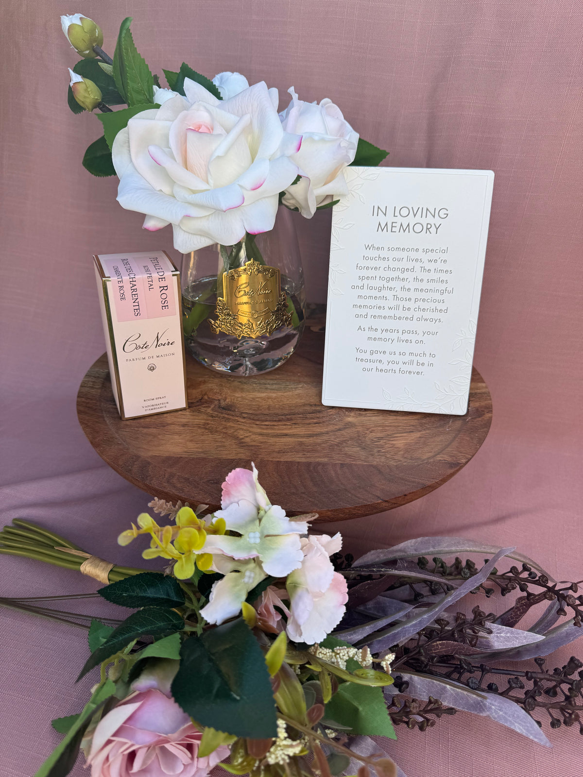 Tea Rose Bouquet & In Loving Memory Keepsake